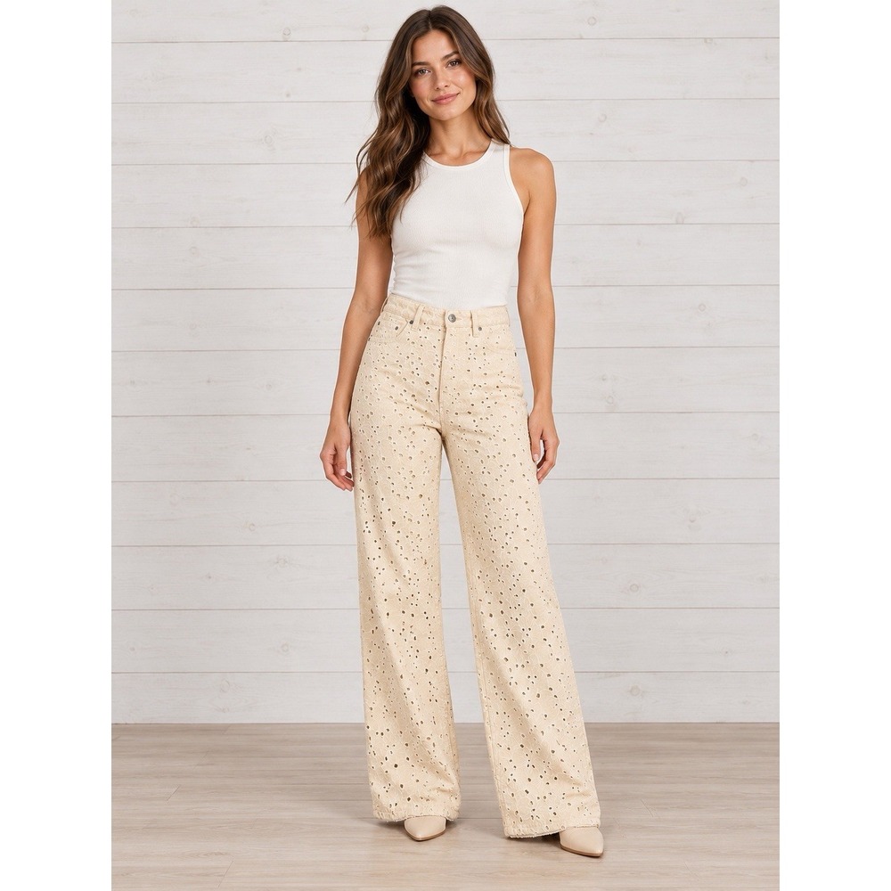 Vigoss Womens 5/27 Ecru Eyelet Embroidered High Rise Straight Leg Jeans NWT